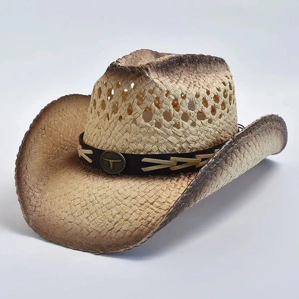 Natural Straw Western Cowboy Hat for Women Men Summer Curling Brim Beach Sun Hats